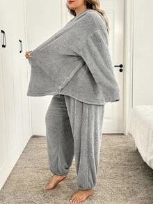 SHEIN CURVE+ Plus Size Women Solid Color Hooded Sweatshirt And Long Pants Casual Fleece Two Pieces Set Winter - Light Grey - View 4