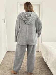 SHEIN CURVE+ Plus Size Women Solid Color Hooded Sweatshirt And Long Pants Casual Fleece Two Pieces Set Winter - Light Grey - View 2