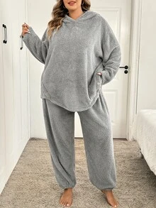 SHEIN CURVE+ Plus Size Women Solid Color Hooded Sweatshirt And Long Pants Casual Fleece Two Pieces Set Winter - Light Grey - View 6