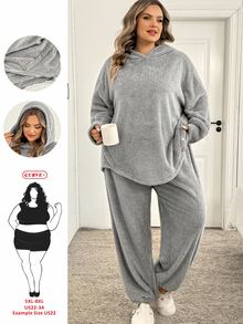 SHEIN CURVE+ Plus Size Women Solid Color Hooded Sweatshirt And Long Pants Casual Fleece Two Pieces Set Winter - Light Grey - View 8