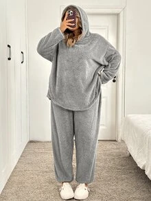 SHEIN CURVE+ Plus Size Women Solid Color Hooded Sweatshirt And Long Pants Casual Fleece Two Pieces Set Winter - Light Grey - View 7