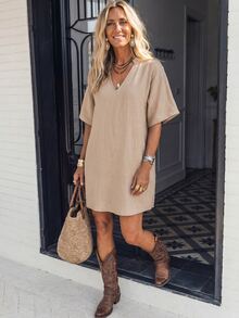 LanaWest Women's Summer Khaki Washed Cotton V-Neck Sleeveless Straight Casual Mini Dress, Simple Western Style Design - Khaki - View 6