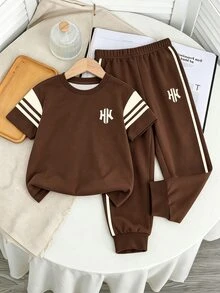 Kids Young Boy Autumn New Casual Minimalist Loose Comfortable Sporty Style Round Neck Short Sleeve & Long Pants 2pcs Set - Multicolor - View 3