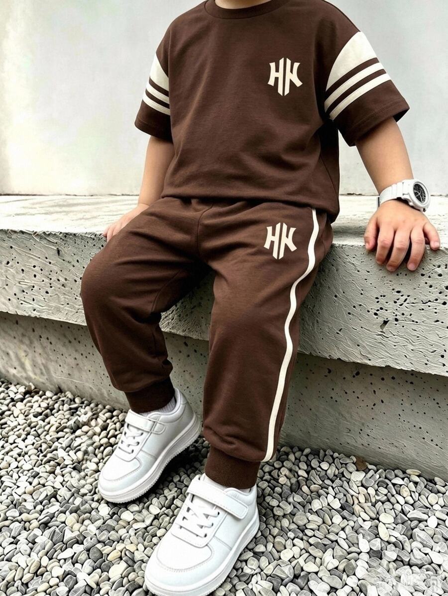Kids Young Boy Autumn New Casual Minimalist Loose Comfortable Sporty Style Round Neck Short Sleeve & Long Pants 2pcs Set - Multicolor - View 1