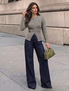 Firerie Women's Solid Color Drop Shoulder Long Sleeve Single-Breasted Knit Cardigan Office Everyday Grey Fall Elegant Going Out - Grey - View 6