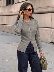Firerie Women's Solid Color Drop Shoulder Long Sleeve Single-Breasted Knit Cardigan Office Everyday Grey Fall Elegant Going Out - Grey - View 4