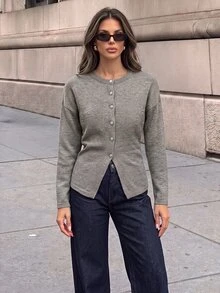 Firerie Women's Solid Color Drop Shoulder Long Sleeve Single-Breasted Knit Cardigan Office Everyday Grey Fall Elegant Going Out - Grey - View 5