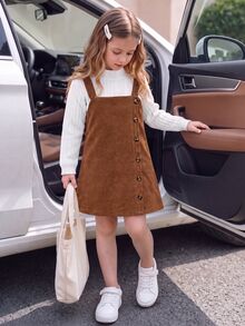 SHEIN Young Girl Little Girls Solid Mock Neck Ribbed Knit Long Sleeve Tee & Brown Button Decor Corduroy Pinafore Dress Set - Multicolor - View 3