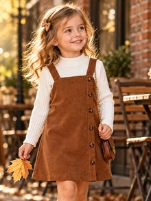 SHEIN Young Girl Little Girls Solid Mock Neck Ribbed Knit Long Sleeve Tee & Brown Button Decor Corduroy Pinafore Dress Set - Multicolor - View 8