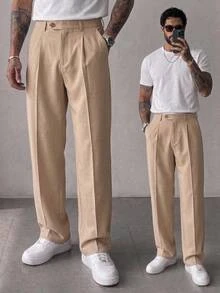 Manfinity RebelGame Men's Button Half-Placket Double Pocket Pleated Slim Fit Casual Versatile Suit Pants Halloween Christmas Winter Party Autumn  - Apricot - View 2