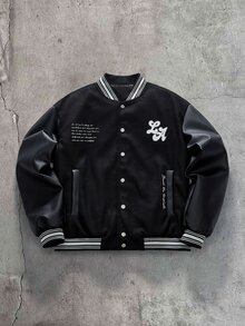 FRESIVO 男士字母印花休閒百搭日常穿著長袖夾克 - 黑色 - 查看 2