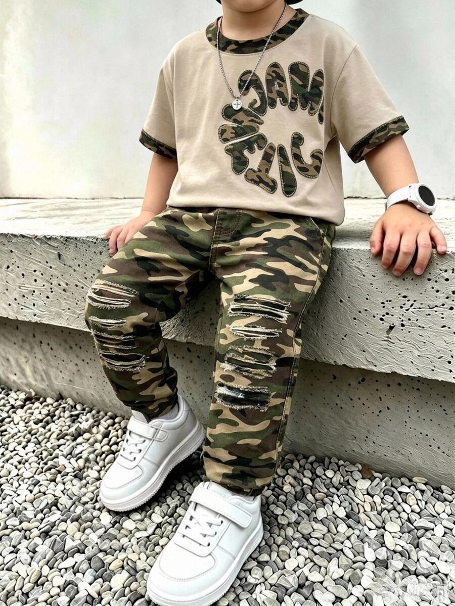 Kids Young Boy Casual Minimalist Crew Neck Short Sleeve & Long Pants 2 Pieces Set With Cartoon Pattern - Multicolor - View 1