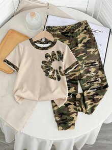 Kids Young Boy Casual Minimalist Crew Neck Short Sleeve & Long Pants 2 Pieces Set With Cartoon Pattern - Multicolor - View 2