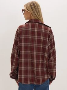 MUSEYN Burgundy Red Checked Oversized Shirt Versatile Everyday Casual New Season Fall - Multicolor - View 4