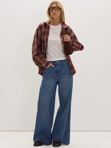 MUSEYN Burgundy Red Checked Oversized Shirt Versatile Everyday Casual New Season Fall - Multicolor - View 2