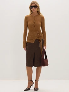 Brown Faux Leather Midi Skirt Everyday Casual Chic Date Night New Season Elegant Party Romantic Museyn Feminina - Coffee Brown - View 1