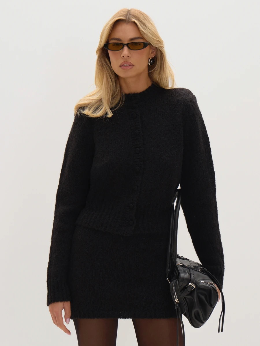 Black Knit Shoulder Pad Cardigan And Mini Skirt Set Everyday Casual Chic Date Night New Season Elegant Party Romantic Museyn Feminina - Black - View 1