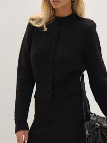 Black Knit Shoulder Pad Cardigan And Mini Skirt Set Everyday Casual Chic Date Night New Season Elegant Party Romantic Museyn Feminina - Black - View 6