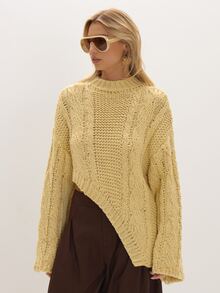 Butter Yellow Cable Knit Asymmetric Sweater Everyday Casual Chic New Season Elegant Romantic Museyn Feminina - Light Yellow - View 2