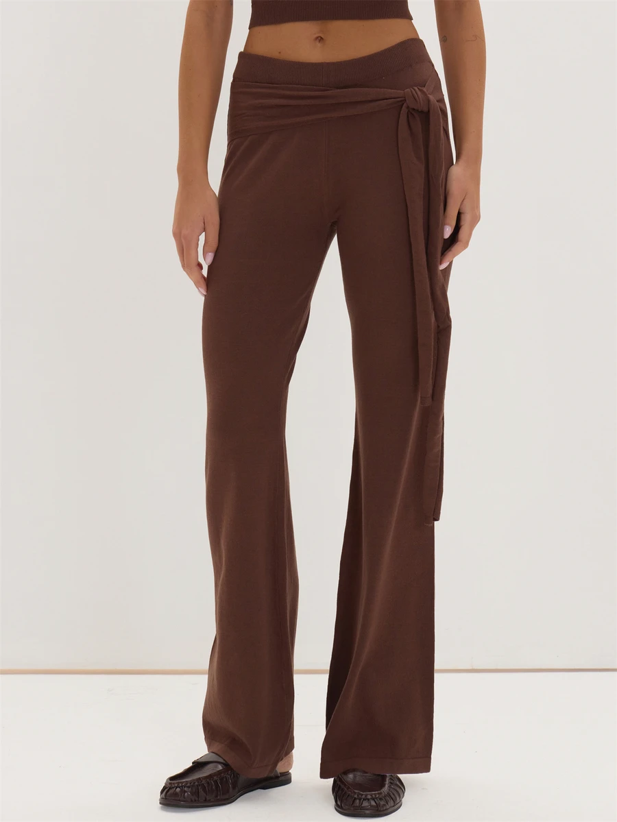 Brown Knit Tie Detail Flared Pants Everyday Casual Chic Date Night New Season Elegant Party Romantic Museyn Feminina - Coffee Brown - View 1