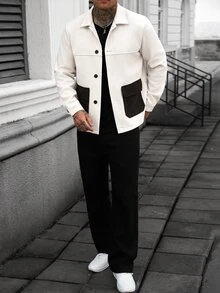 Manfinity Homme Men's Mature Casual Patchwork Contrast Color Long Sleeve Overcoat, Suitable For Autumn/Winter Daily Outings And Travel, Also An Ideal Gift For Boyfriend Or Husband - Multicolor - View 4