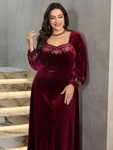 Modelyn 大尺碼女款花卉印花百褶休閒派對洋裝 - 酒紅色 - 查看 1