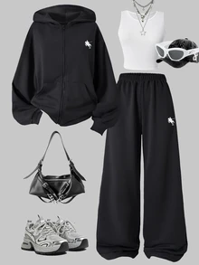 SHEIN Teen Girls Fall Outfits Tops 3pcs/Set Round Neck Casual Baggy Streetwear Hooded Zip-Up Sweatshirt Horse Pri... Party Holiday Formal Black White - Black - View 8