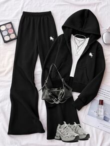 SHEIN Teen Girls Fall Outfits Tops 3pcs/Set Round Neck Casual Baggy Streetwear Hooded Zip-Up Sweatshirt Horse Pri... Party Holiday Formal Black White - Black - View 2