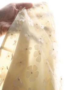 女童乳白色掛脖綁帶洋裝，立領大蝴蝶結裝飾，網紗 3D 花朵面料 - 杏色 - 查看 7