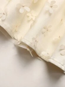 女童乳白色掛脖綁帶洋裝，立領大蝴蝶結裝飾，網紗 3D 花朵面料 - 杏色 - 查看 5