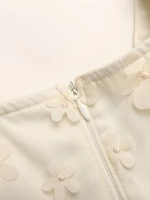 女童乳白色掛脖綁帶洋裝，立領大蝴蝶結裝飾，網紗 3D 花朵面料 - 杏色 - 查看 4