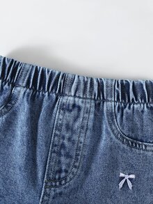 Light Blue Winter Baby Girl Cross Applique Straight Leg Jeans,Back-To-School Modest Casual Denim,Vintage Distressed Academic Outfit House 2nd Birthday - Medium Wash - View 6