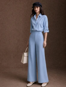 SHEIN Franclia 新款鈕扣式純色襯衫與直筒休閒優雅長褲套裝 辦公室天藍色秋季 - 藍色 - 查看 3