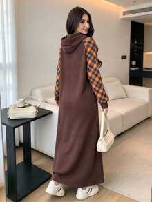 Seusyu 女款萬聖節主題豹紋蝴蝶結幽靈格紋印花棕色長洋裝，秋冬時尚連帽落肩長袖衛衣洋裝，適合休閒日常穿著與派對造型 - 彩色 - 查看 2