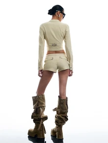 LYSMO Women's Zipper Front Long Sleeve Cropped Jacket And Drawstring Waist Shorts 2 Pieces Set - Light Yellow - View 2