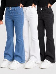 Genkimix Kids Young Girl 3-Pieces Set:Blue Denim Flare Pants, Back-To-School Fashionable Casual Street Style Bell Bottom Jeans, Young Girls 3-Pack Summer - Multicolor - View 1