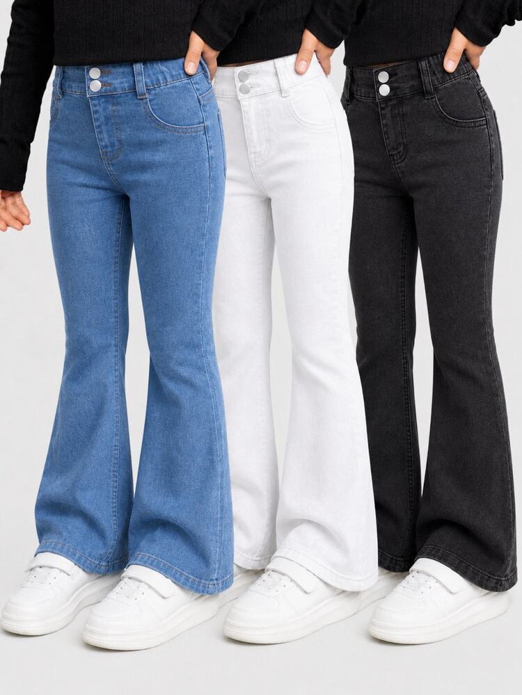 Genkimix Kids Young Girl 3-Pieces Set:Blue Denim Flare Pants, Back-To-School Fashionable Casual Street Style Bell Bottom Jeans, Young Girls 3-Pack Summer - Multicolor - View 4