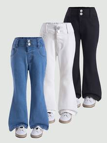 Genkimix Kids Young Girl 3-Pieces Set:Blue Denim Flare Pants, Back-To-School Fashionable Casual Street Style Bell Bottom Jeans, Young Girls 3-Pack Summer - Multicolor - View 5