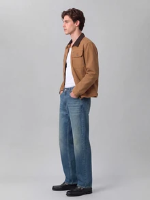 Colvenic 男士復古街頭風做舊藍黃配色寬腿牛仔褲，復古貓鬚水洗中腰寬鬆牛仔長褲，休閒情侶度假款 - 藍色 - 查看 4