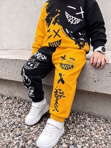 男童 2 件組塗鴉鬼臉運動衫套裝，黑白對比圓領上衣與慢跑長褲，酷炫春夏秋季 4-7 歲童裝套裝 - 黑色 - 查看 1