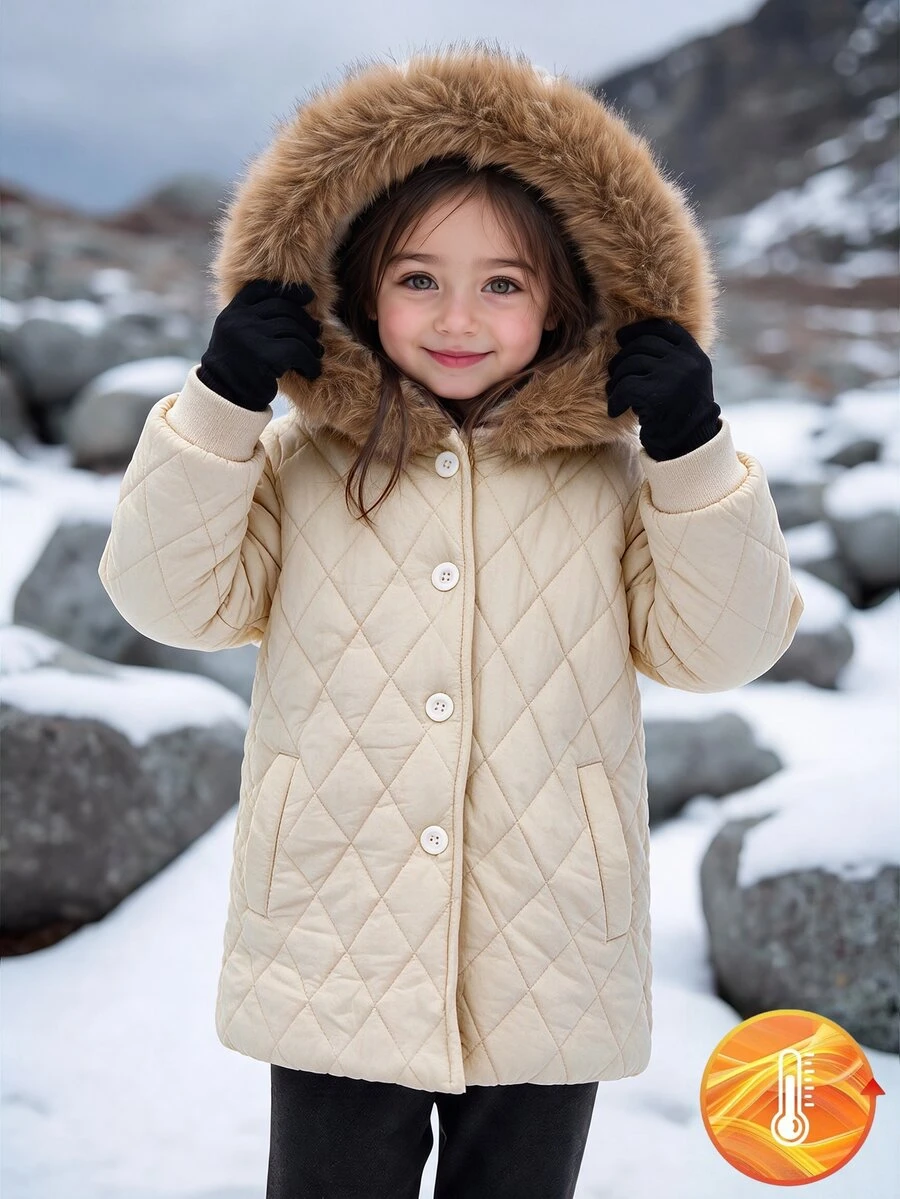Elladie kids Girls' Solid Color Minimalist Fashionable Mid-Length Padded Coat With Fur Collar, Suitable For Outings And School, Khaki - Khaki - View 1