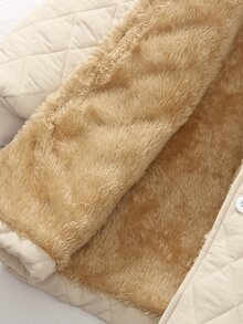 Elladie kids Girls' Solid Color Minimalist Fashionable Mid-Length Padded Coat With Fur Collar, Suitable For Outings And School, Khaki - Khaki - View 5