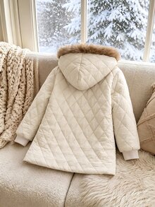 Elladie kids Girls' Solid Color Minimalist Fashionable Mid-Length Padded Coat With Fur Collar, Suitable For Outings And School, Khaki - Khaki - View 2