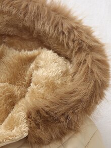 Elladie kids Girls' Solid Color Minimalist Fashionable Mid-Length Padded Coat With Fur Collar, Suitable For Outings And School, Khaki - Khaki - View 6