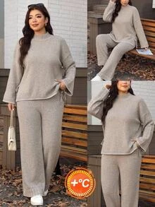 SHEIN LUNE Plus Size Women's Stand Collar Dropped Shoulder Long Sleeve Knot Design Sweater Knit Pants Set Formal Home Grey Fall Casual Corset Baggy Winter - Grey - View 12