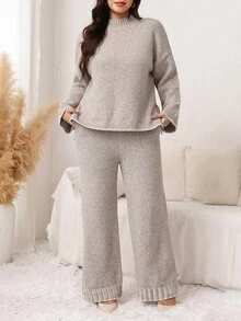 SHEIN LUNE Plus Size Women's Stand Collar Dropped Shoulder Long Sleeve Knot Design Sweater Knit Pants Set Formal Home Grey Fall Casual Corset Baggy Winter - Grey - View 3