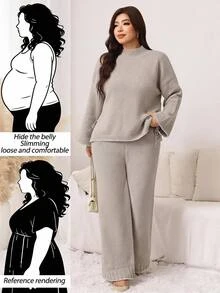 SHEIN LUNE Plus Size Women's Stand Collar Dropped Shoulder Long Sleeve Knot Design Sweater Knit Pants Set Formal Home Grey Fall Casual Corset Baggy Winter - Grey - View 11