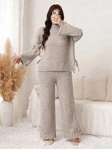 SHEIN LUNE Plus Size Women's Stand Collar Dropped Shoulder Long Sleeve Knot Design Sweater Knit Pants Set Formal Home Grey Fall Casual Corset Baggy Winter - Grey - View 6