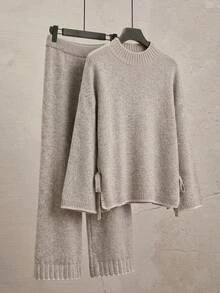 SHEIN LUNE Plus Size Women's Stand Collar Dropped Shoulder Long Sleeve Knot Design Sweater Knit Pants Set Formal Home Grey Fall Casual Corset Baggy Winter - Grey - View 8