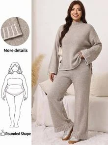 SHEIN LUNE Plus Size Women's Stand Collar Dropped Shoulder Long Sleeve Knot Design Sweater Knit Pants Set Formal Home Grey Fall Casual Corset Baggy Winter - Grey - View 1